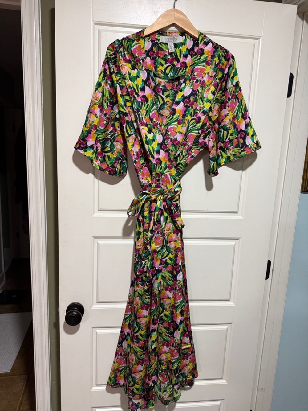 ASOS Floral Midi Wrap Dress in Pink, Green & Yellow liquorish satin